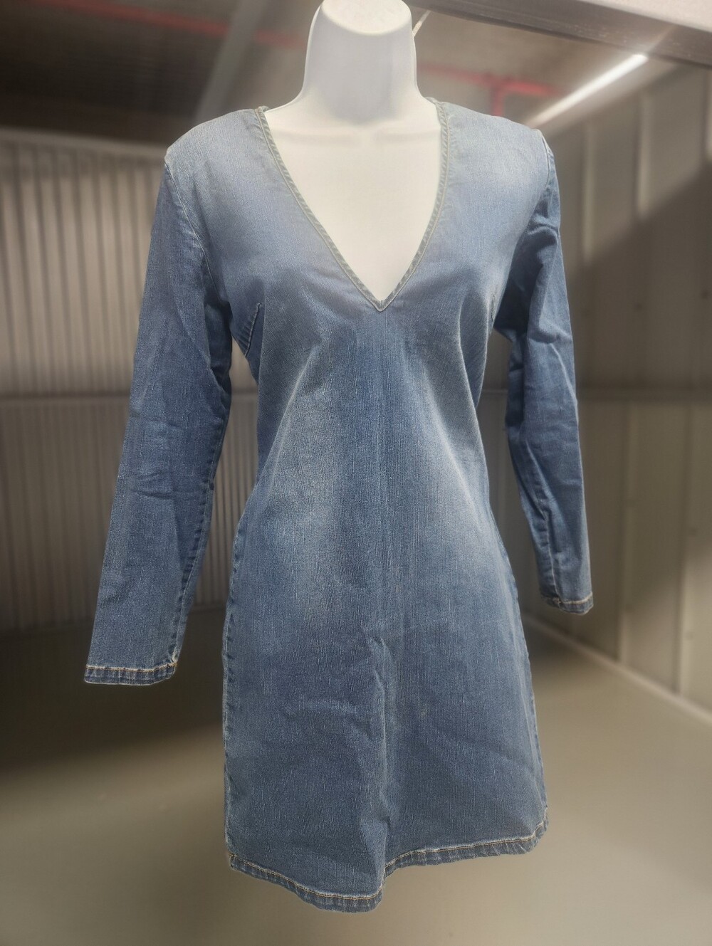 Denim V-Neck Long Sleeve Dress - Blue